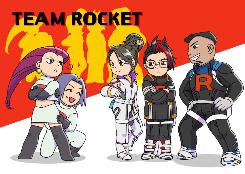 2girls 3boys absurdres arlo_(pokemon) bald black_hair bodysuit boots cliff_(pokemon) crop_top crossed_arms elbow_gloves facial_hair glasses gloves goatee hair_bun hat highres james_(pokemon) jessie_(pokemon) long_hair multicolored_hair multiple_boys multiple_girls nintendo pokemon pokemon_(anime) pokemon_go popped_collar red_hair ritaro_n sierra_(pokemon) single_hair_bun streaked_hair sweatdrop team_rocket team_rocket_uniform thigh_boots thighhighs vs
