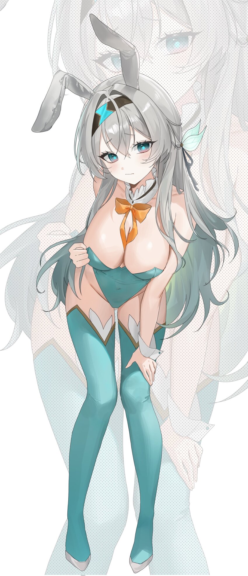 1girl absurdres alternate_costume animal_ears bare_shoulders black_hairband blush bow bowtie breasts cleavage closed_mouth detached_collar fake_animal_ears firefly_(honkai:_star_rail) full_body green_eyes green_leotard green_thighhighs grey_hair hair_between_eyes hair_intakes hairband highres honkai:_star_rail honkai_(series) large_breasts leotard long_hair looking_at_viewer orange_bow orange_bowtie pibag playboy_bunny rabbit_ears standing strapless strapless_leotard thighhighs