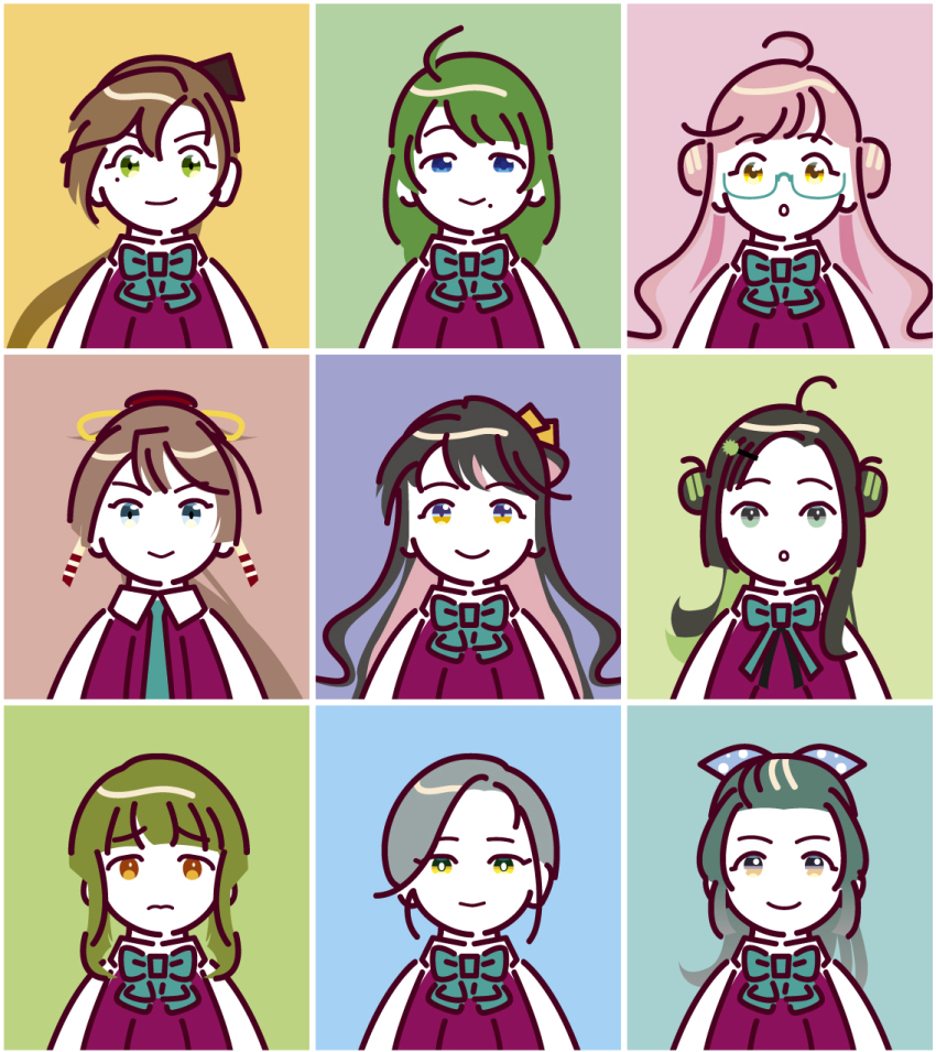 6+girls akigumo_(kancolle) black_hair blue_bow blue_bowtie blue_eyes blue_hair bow bowtie brown_hair closed_mouth collared_shirt commentary_request double_bun dress glasses green_eyes green_hair hair_bun hair_ribbon highres kantai_collection kazagumo_(kancolle) long_hair makigumo_(kancolle) makinami_(kancolle) mole mole_under_eye mole_under_mouth multicolored_hair multiple_girls naganami_(kancolle) ojipon parted_lips pink_hair ponytail purple_dress revision ribbon shirt short_hair simple_background smile suzunami_(kancolle) takanami_(kancolle) tamanami_(kancolle) upper_body white_shirt yuugumo_(kancolle)