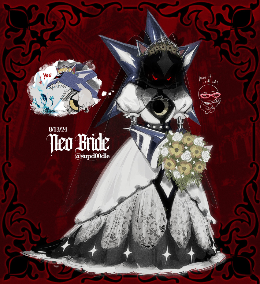 1boy 9474s0ul ai-generated_art_(topic) artist_name artist_self-insert ash_baby_(meme) bridal_veil clothed_robot commentary crossdressing dress english_commentary english_text flower highres holding holding_flower humanoid_robot male_focus meme metal_overlord metal_sonic neo_metal_sonic red_eyes robot sharp_teeth solo sonic_(series) sonic_heroes teeth veil wedding_dress white_dress