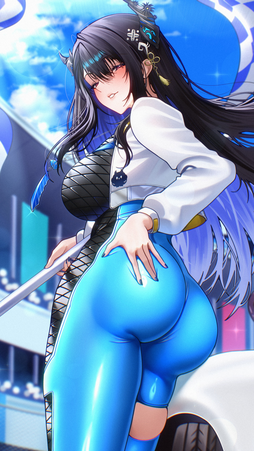 1girl 404_(pixiv_94263879) absurdres ass asymmetrical_horns black_hair blue_hair blue_pantyhose blush breasts commentary_request cowboy_shot demon_horns from_behind highres hololive hololive_english horns jacket large_breasts mole mole_under_eye multicolored_hair nerissa_ravencroft pantyhose purple_eyes race_queen solo two-tone_hair uneven_horns virtual_youtuber white_jacket