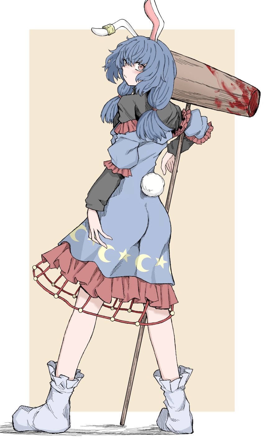 1girl absurdres ambiguous_red_liquid animal_ears ass blue_dress blue_hair commentary crescent_print dress earclip fe_(tetsu) full_body highres kine looking_at_viewer looking_back low_twintails mallet medium_hair rabbit_ears rabbit_girl rabbit_tail red_eyes seiran_(touhou) simple_background socks solo standing star_(symbol) star_print tail touhou twintails white_socks yellow_background
