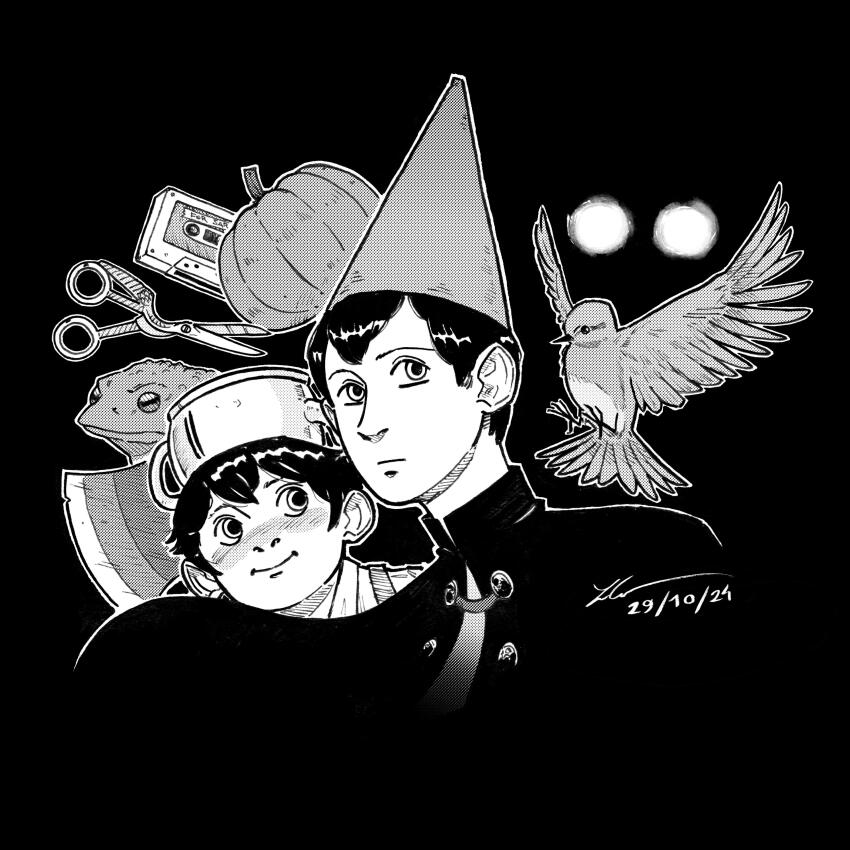 3boys absurdres axe bird cassette_tape commentary dated english_commentary frog gregory_(over_the_garden_wall) greyscale hat highres lcr_comics male_focus monochrome multiple_boys over_the_garden_wall pumpkin scissors signature the_beast_(over_the_garden_wall) wirt_(over_the_garden_wall)