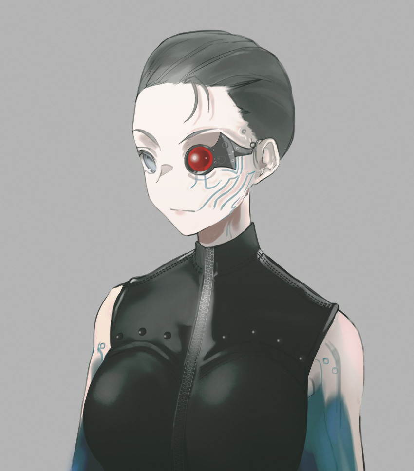 1girl absurdres artificial_eye black_hair blue_eyes bodysuit breasts commission commissioner_upload cyberpunk cyborg deus_ex deus_ex_(2000) grey_background highres jacket large_breasts looking_at_viewer mechanical_arms mechanical_eye non-web_source red_eyes science_fiction short_hair solo veins yuishironeko zipper