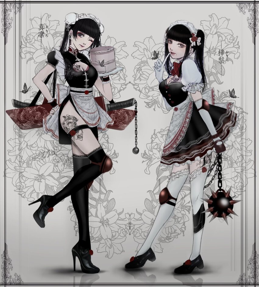 2girls apron black_footwear black_hair black_thighhighs blunt_bangs breasts bug butterfly chain cleavage cleavage_cutout clothing_cutout commentary_request elbow_gloves elbow_pads finger_to_mouth flail floral_print frilled_apron frills gloves high_heels highres insect knee_pads leg_tattoo lily_print maid maid_headdress multiple_girls one_eye_closed original satsuki_kei sheath sheathed sidelocks single_elbow_pad sword tattoo thigh_strap thighhighs weapon white_gloves white_thighhighs
