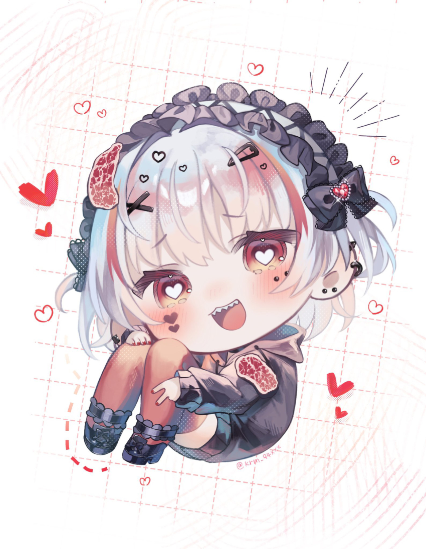 1girl black_bow black_choker black_sweater blush bow chibi choker commentary_request drawstring full_body grey_hair heart heart-shaped_pupils highres hood hood_down hooded_sweater indie_virtual_youtuber kuromu_(96-94) long_sleeves looking_at_viewer multicolored_hair no_pants one_eye_closed open_mouth red_background red_eyes red_hair red_nails red_thighhighs sabita_hagane sharp_teeth sleeves_past_wrists sliced_meat solo sweater symbol-shaped_pupils teeth thighhighs v virtual_youtuber white_background