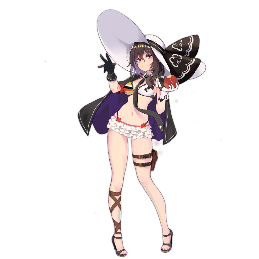 1girl :3 alternate_hairstyle apple armband between_breasts bikini black_cloak black_gloves black_necktie blush breasts brown_hair cleavage cloak closed_mouth detached_collar flag_print food frilled_bikini frills fruit full_body german_flag_bikini girls&#039;_frontline gloves hair_between_eyes hair_over_shoulder hand_up hat highres holding holding_food holding_fruit holster long_hair looking_at_viewer medium_breasts nail_polish navel necktie necktie_between_breasts official_alternate_costume official_art p38_(apprentice_witch)_(girls&#039;_frontline) p38_(girls&#039;_frontline) pink_nails purple_eyes revision sandals sidelocks skindentation solo stomach sun_hat swimsuit thigh_holster thigh_strap toenail_polish toenails tori_(minamopa) transparent_background white_gloves white_hat