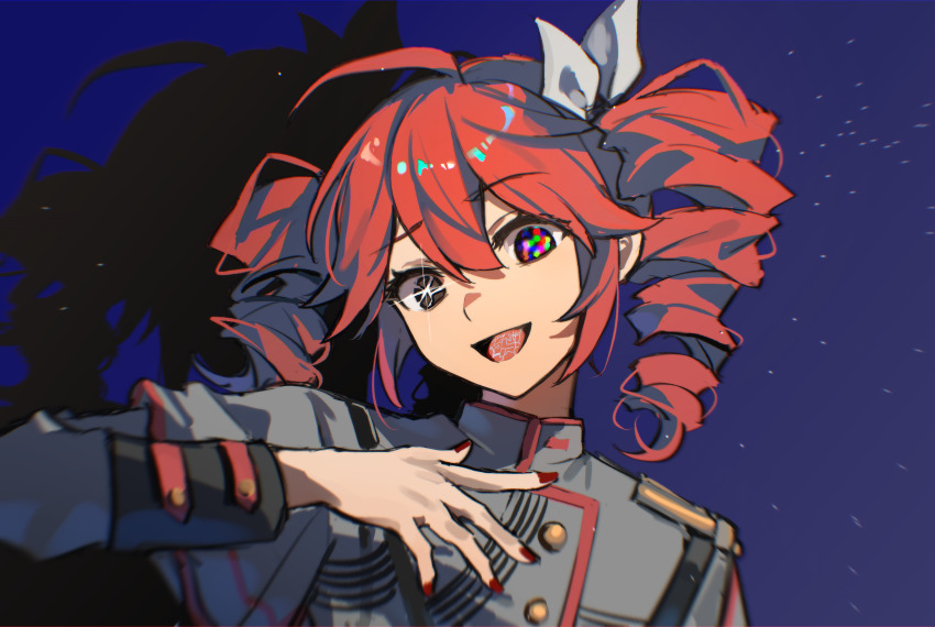 1girl absurdres ahoge alternate_eye_color belt black_belt black_eyes blue_background bow buttons double-breasted drill_hair fingernails grey_jacket hair_between_eyes hair_bow hand_up highres jacket kasane_teto kasane_teto_(sv) layered_sleeves long_sleeves maisuiren mismatched_pupils musical_staff musical_staff_print nail_polish open_mouth portrait red_hair red_nails red_trim shadow shoulder_belt shoulder_boards solo striped_clothes striped_jacket symbol-shaped_pupils synthesizer_v tongue tongue_tattoo twin_drills utau white_bow