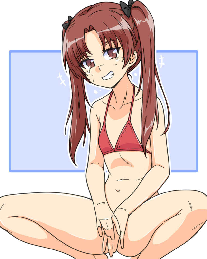 1girl bikini blush breasts brown_eyes brown_hair collarbone covering_crotch covering_privates girls_und_panzer grin highres kadotani_anzu long_hair looking_at_viewer meme navel red_bikini renshiu schrodinger&#039;s_panties_(meme) simple_background small_breasts smile solo spread_legs swimsuit teasing twintails