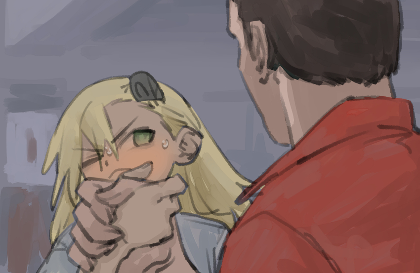 1boy 1girl arnold_schwarzenegger asymmetrical_bangs blonde_hair blush brown_hair closed_mouth collared_shirt derivative_work epic_handshake_(meme) facing_another frown full-face_blush green_eyes hand_up head_tilt height_difference highres insect_hair_ornament long_hair looking_at_another matangom matangomu-chan meme one_eye_closed original parody pillbug predator_(1987) predator_(series) red_shirt scene_reference shirt sweatdrop upper_body white_shirt