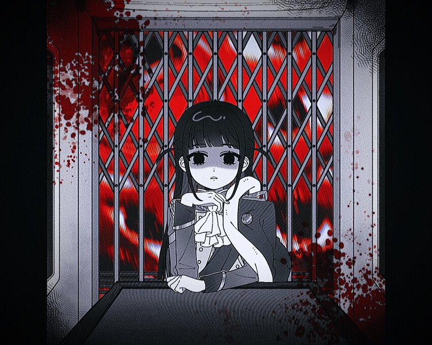1girl ascot blood blood_splatter chikyuu_no_ura_(cevio) commentary_request disembodied_eye elevator elevator_door empty_eyes frown greyscale_with_colored_background indoors jacket jacket_on_shoulders long_hair long_sleeves looking_at_viewer parody parted_lips patterned_background pillarboxed red_background sash shaded_face shoujo_kageki_revue_starlight shoulder_sash solo straight-on table tsuyuzaki_mahiru two_side_up umi_usagi_(tako46065430) upper_body vignetting