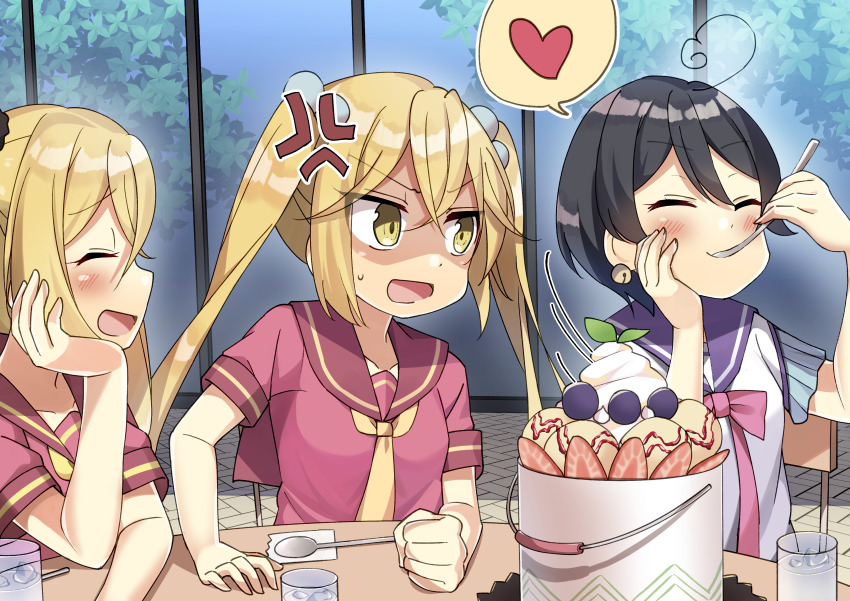 3girls absurdres ahoge anri_airi asuka_yuuri asunaro_school_uniform black_hair blonde_hair food highres kazumi_(madoka_magica) long_hair mahou_shoujo_kazumi_magica mahou_shoujo_madoka_magica multiple_girls parfait sakura_nagi school_uniform serafuku short_hair spoon twintails yuuri_(madoka_magica)