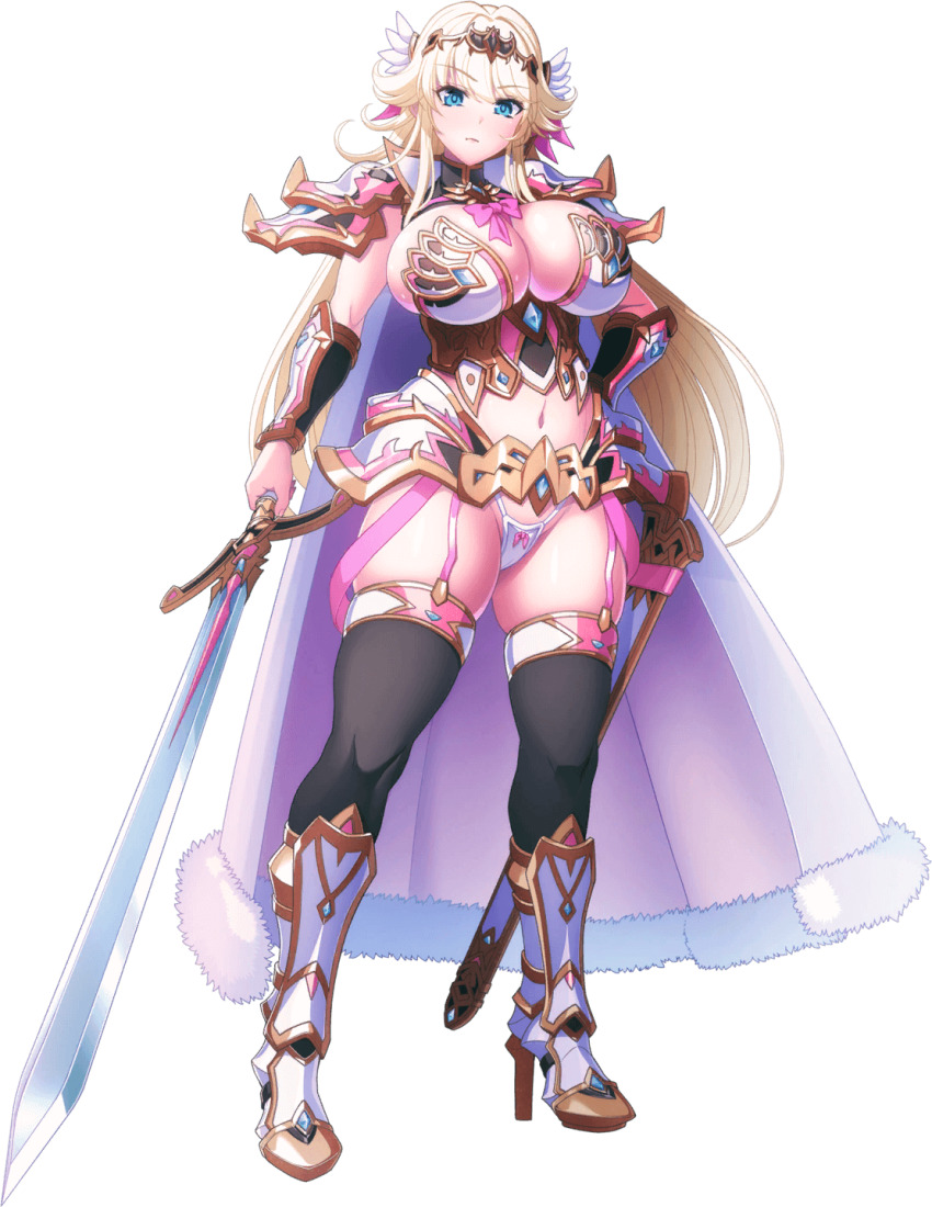 1girl absurdres aqua_eyes armor battle_damage blonde_hair breasts greaves hair_ornament highres huge_breasts kyonyuu_fantasy kyonyuu_fantasy_5 kyonyuu_fantasy_burst_x looking_at_viewer looking_down navel official_art pauldrons shoulder_armor skindentation sonia_(kyonyuu_fantasy) sweat sword thighhighs torn_clothes torn_thighhighs weapon wing_hair_ornament