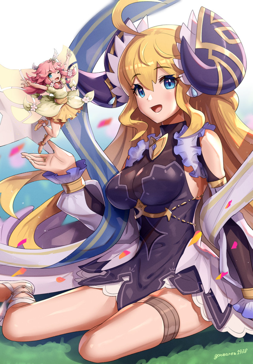 2girls bare_shoulders blonde_hair blue_eyes breasts cleavage cygames dragalia_lost fake_horns gonzarez hair_ornament highres holding horned_headwear horns jewelry long_hair looking_at_viewer multiple_girls nintendo notte_(dragalia_lost) open_mouth ring smile zethia