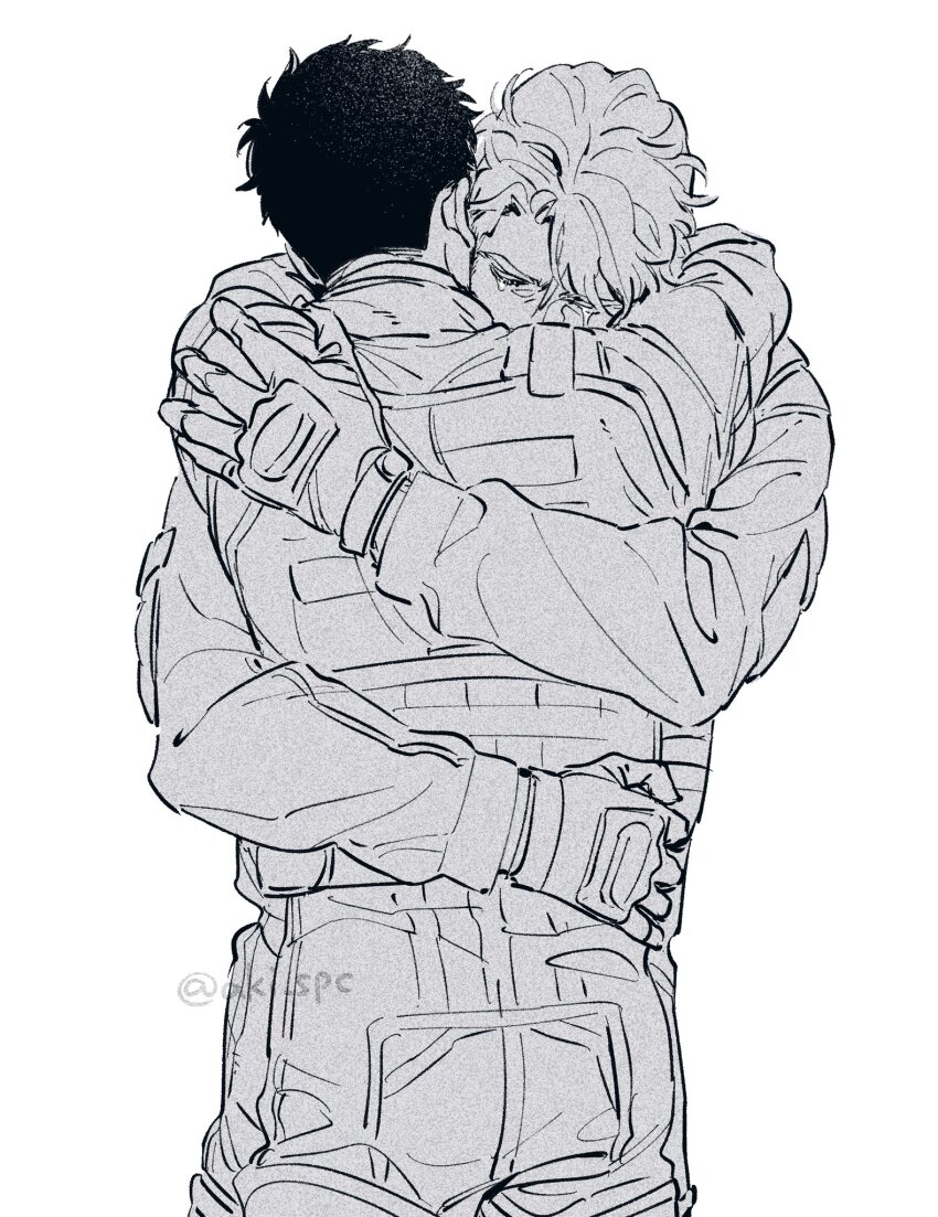 2boys aki_(supekutooru) ao_isami arms_around_neck bulletproof_vest commentary_request crying curtained_hair flight_suit gloves greyscale highres hug lewis_smith long_sleeves male_focus monochrome multiple_boys short_hair simple_background standing tears twitter_username white_background yuuki_bakuhatsu_bang_bravern