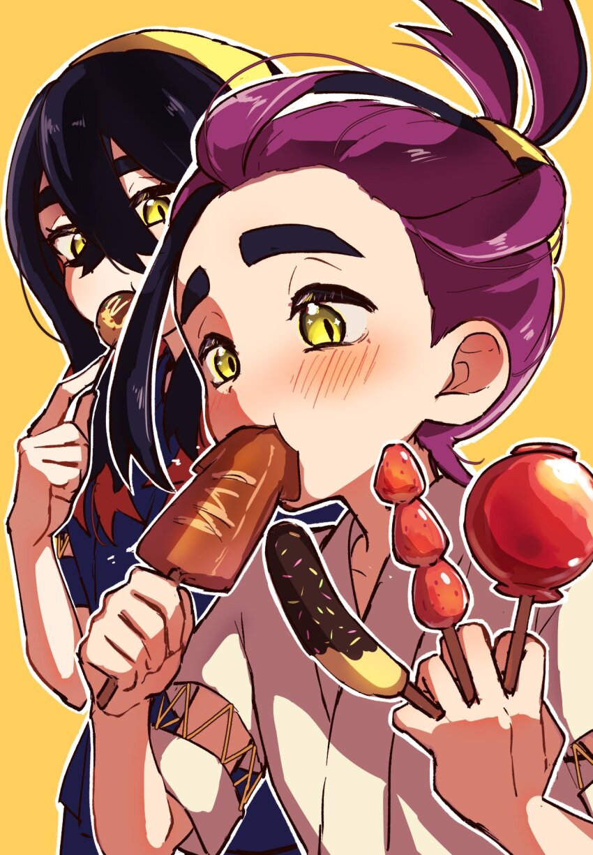 1boy 1girl black_hair blush border brother_and_sister candy_apple carmine_(pokemon) chocolate_banana crossed_bangs eating enudesuga food hairband highres holding holding_food ikayaki japanese_clothes kieran_(pokemon) long_hair nintendo orange_background pokemon pokemon_sv purple_hair red_hair short_sleeves siblings simple_background takoyaki tanghulu white_border yellow_eyes yellow_hairband