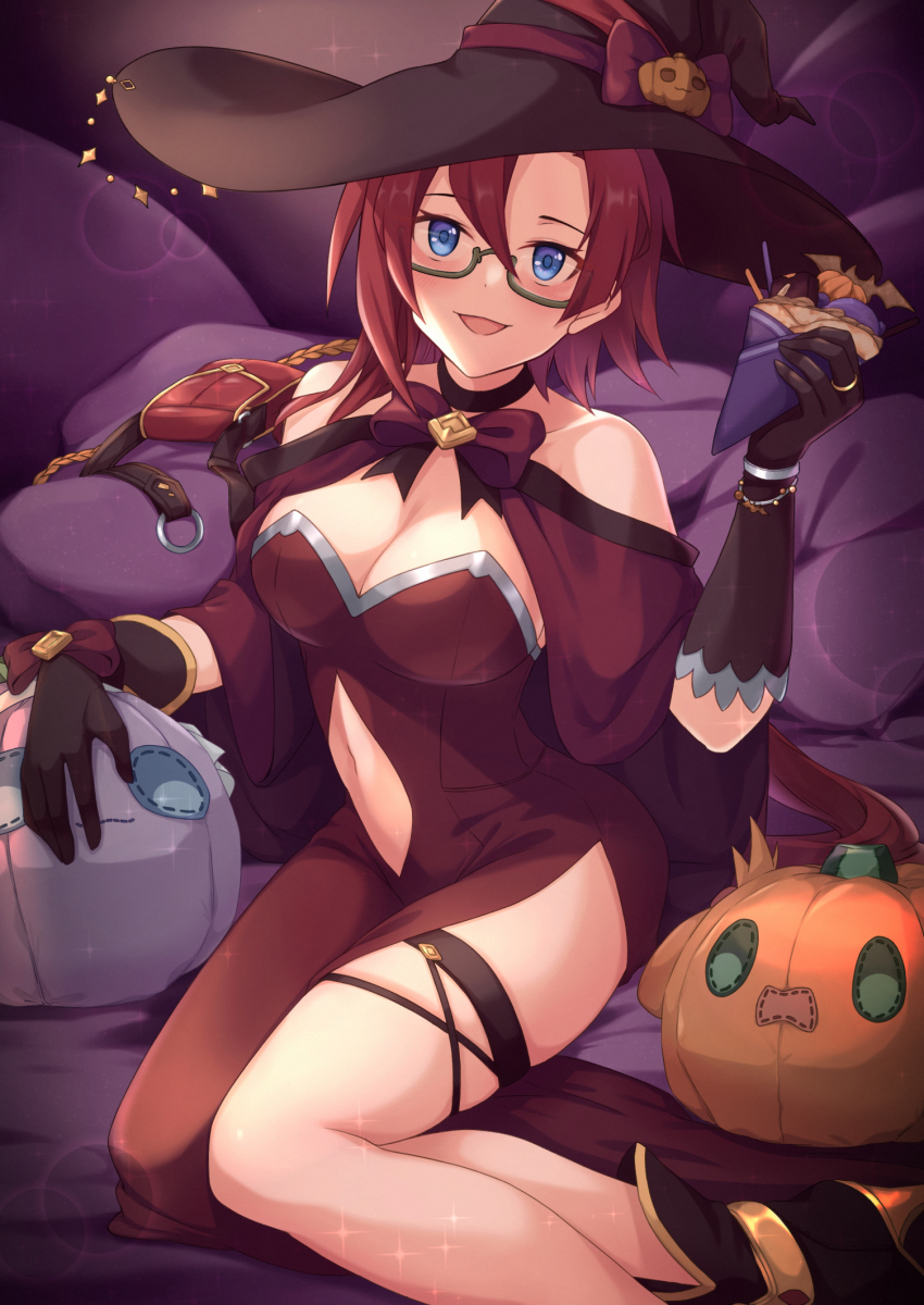 1girl :d altheavin black-framed_eyewear black_gloves blue_eyes blush breasts cleavage clothing_cutout commentary_request crepe dress food glasses gloves halloween_costume hat highres holding holding_crepe holding_food jack-o&#039;-lantern jack-o&#039;-lantern_hat_ornament labyrista_(princess_connect!) large_breasts navel navel_cutout open_mouth princess_connect! purple_dress red_hair semi-rimless_eyewear sitting smile solo under-rim_eyewear witch_hat