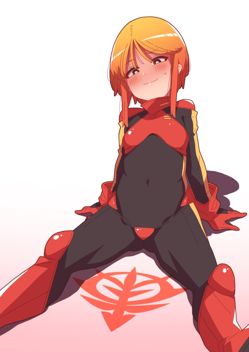 1girl absurdres blush boots breasts covered_navel feet_out_of_frame gloves gundam gundam_zz highres mecha_pilot_suit military_uniform neo_zeon on_ground onimaru_(onimal7802) orange_hair puru_two red_boots red_gloves science_fiction short_hair sitting small_breasts solo