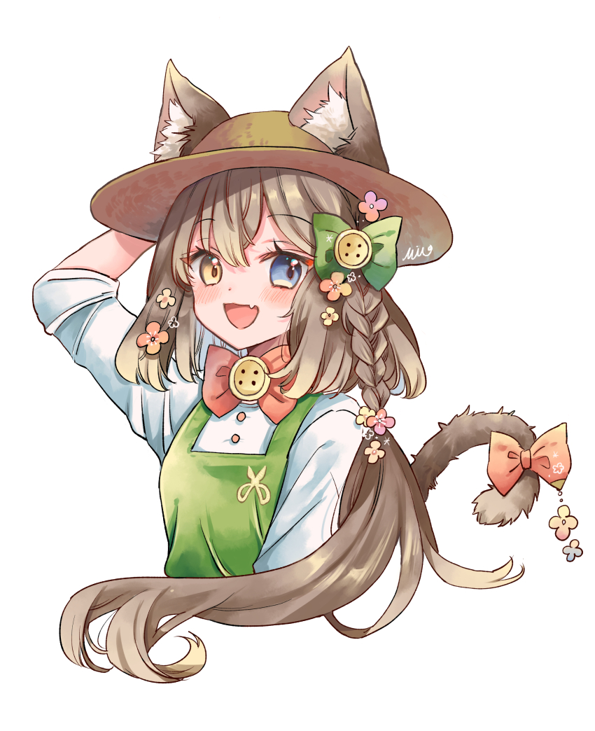 1girl :d absurdres animal_ear_fluff animal_ears apron arm_behind_head arm_up blue_eyes blush bow braid brown_eyes brown_hair brown_hat copyright_request cropped_torso ears_through_headwear fang green_apron green_bow hair_between_eyes hair_bow hat heterochromia highres long_hair long_sleeves looking_at_viewer mito_(go!go!king!) open_mouth shirt simple_background smile solo tail upper_body very_long_hair virtual_youtuber white_background white_shirt