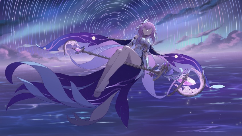 1girl absurdres bare_legs barefoot black_shorts breasts chinese_commentary cloud commentary_request corset elysia_(herrscher_of_human:_ego)_(honkai_impact) elysia_(honkai_impact) feet fled floating hair_ornament highres holding holding_staff honkai_(series) honkai_impact_3rd large_breasts legs night night_sky no_eyes ocean pink_hair short_hair shorts sky solo staff toes white_corset