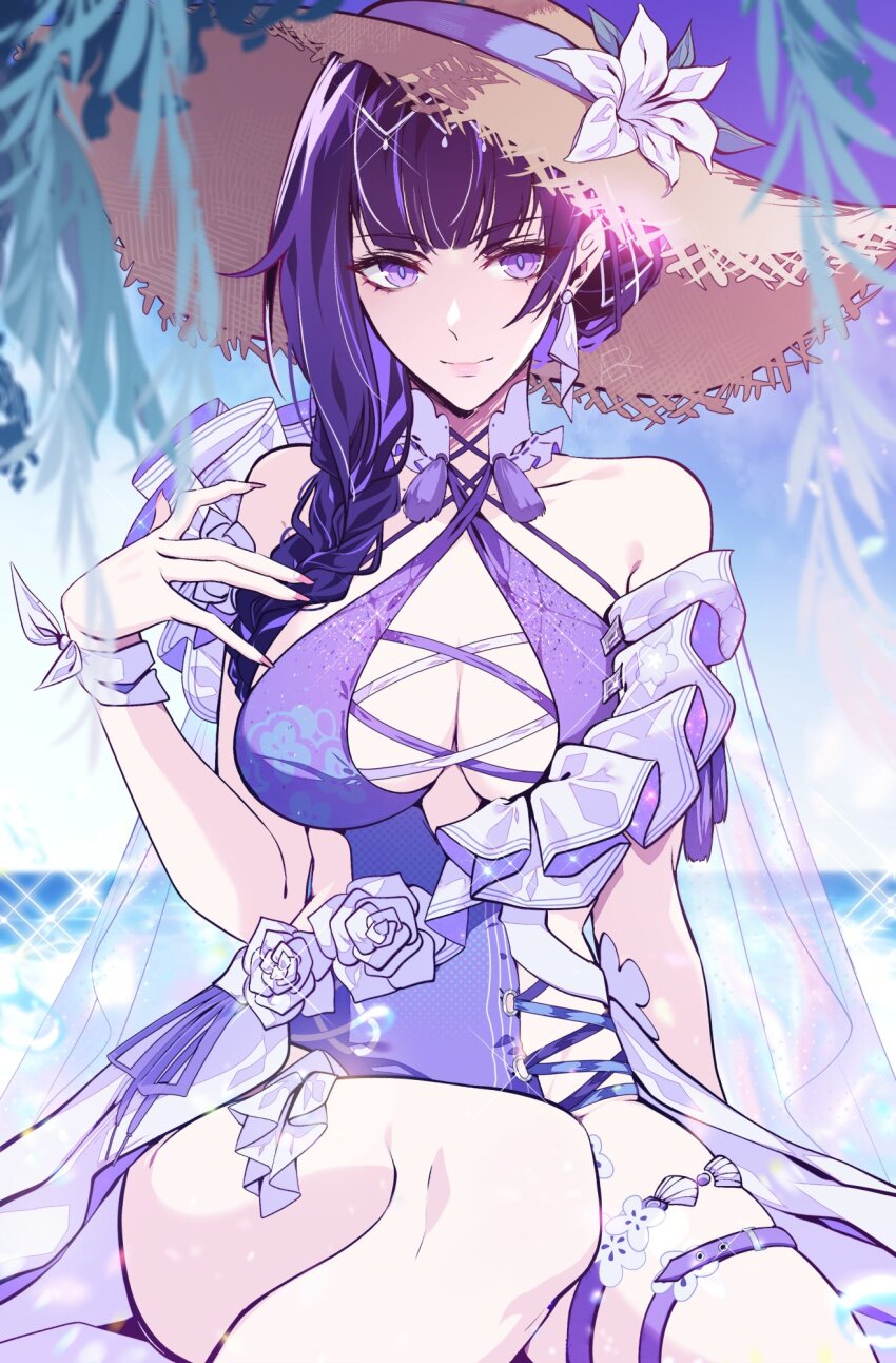 1girl aer007580 bare_shoulders braid breasts breasts_apart casual_one-piece_swimsuit closed_mouth commentary cross-laced_clothes cross-laced_one-piece_swimsuit earrings english_commentary fingernails flower hand_up hat hat_flower highres honkai_(series) honkai_impact_3rd jewelry large_breasts long_fingernails long_hair looking_at_viewer nail_polish official_alternate_costume one-piece_swimsuit purple_eyes purple_hair purple_nails purple_one-piece_swimsuit raiden_mei raiden_mei_(crooning_tides) raiden_mei_(herrscher_of_origin) sitting smile solo straw_hat swimsuit thighs white_flower