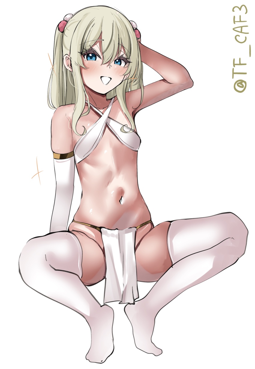 1girl absurdres alternate_costume blonde_hair blue_eyes blush breasts collarbone criss-cross_halter double-parted_bangs elbow_gloves full_body gloves grecale_(kancolle) hair_between_eyes hair_bobbles hair_ornament halterneck harem_outfit hashtag-only_commentary highres kantai_collection loli long_hair long_sidelocks looking_at_viewer navel one-hour_drawing_challenge open_mouth pelvic_curtain revealing_clothes sidelocks simple_background single_glove small_breasts solo squatting stomach tf_cafe thighhighs tiptoes triangle_mouth two_side_up white_background white_gloves white_thighhighs