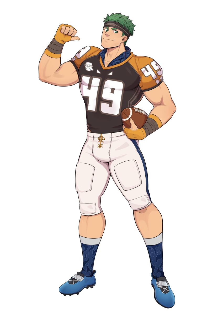 1boy absurdres alternate_costume american_football_(object) american_football_uniform ball bara blue_footwear boyd_(fire_emblem) fingerless_gloves fire_emblem fire_emblem:_radiant_dawn full_body geckobara gloves green_eyes green_hair headband highres holding holding_ball male_focus muscular muscular_male nintendo pointing pointing_at_self short_sleeves socks solo sportswear tight_clothes