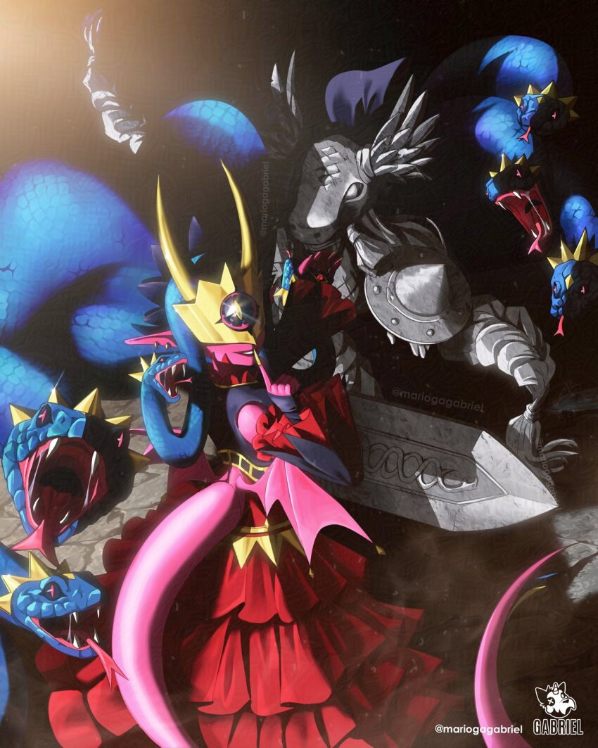 2girls black_shirt blue_hair colored_skin covered_eyes digimon digimon_(creature) finger_to_mouth highres long_hair mario_gagabriel medusamon minervamon multiple_girls petrification pink_skin pink_tail pink_wings pointy_ears red_skirt shirt skirt snake_hair solo_focus twintails wings