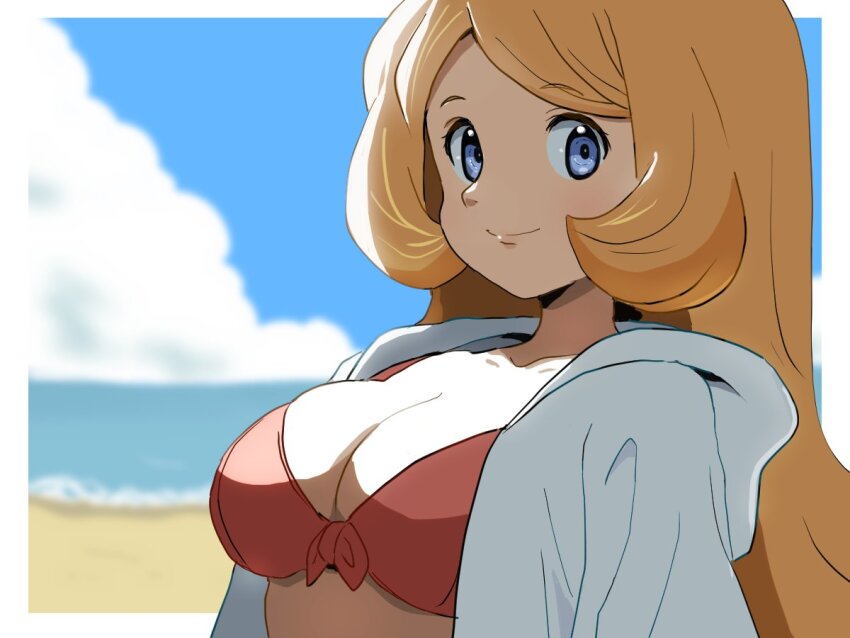 1girl beach bikini blue_eyes blue_sky breasts cleavage cloud coat detesu hood large_breasts long_hair mona_(warioware) nintendo ocean orange_hair sand sky swimsuit upper_body warioware water