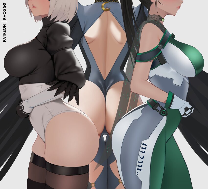 2b_(nier:automata) 3girls absurdres artist_logo artist_name ass ass-to-ass ass_focus bayonetta bayonetta_(series) black_hair black_hairband black_thighhighs bodysuit breasts crossover curvy eve_(stellar_blade) female_focus from_side gloves green_bodysuit grey_hair hairband highres juliet_sleeves kaos_art large_breasts leotard logo long_hair long_sleeves multicolored_bodysuit multiple_girls nier:automata nier_(series) patreon_username planet_diving_suit_(7th)_(stellar_blade) ponytail puffy_sleeves short_hair side-by-side skin_tight stellar_blade thick_thighs thighhighs thighs thong tight_clothes trait_connection very_long_hair white_background white_bodysuit white_hair
