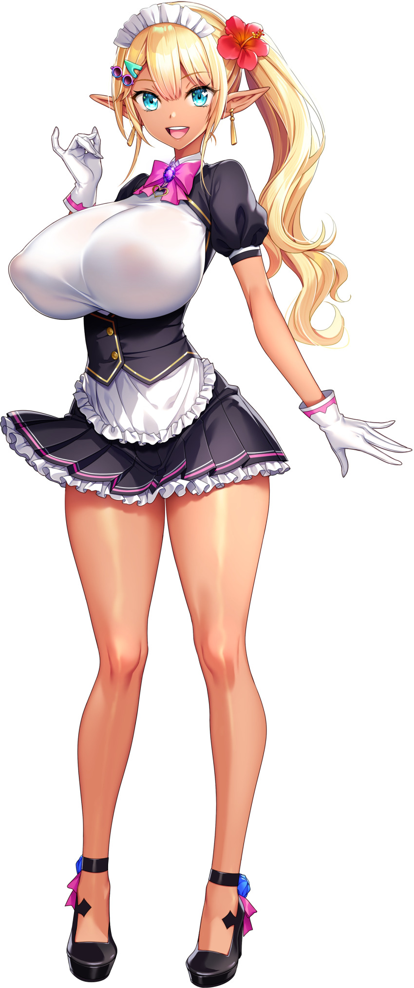 1girl absurdres akagi_rio apron black_shoes black_skirt blonde_hair blue_eyes bow bowtie breasts collar_jewel covered_erect_nipples dark-skinned_female dark_elf dark_skin elf femme_de_menage_maid_academy_uniform flower footwear_flower frilled_apron frills full_body game_cg gem gloves gyaru hair_flower hair_ornament hairclip heart heart_in_eye high_heels highres huge_breasts long_hair long_pointy_ears looking_at_viewer maid maid_apron maid_headdress milk_factory motto!_haramase!_honoo_no_oppai_isekai_oppai_maid_gakuen! myunmyun_lafleur non-web_source official_art pink_bow pink_bowtie pleated_skirt pointy_ears purple_brooch purple_gemstone red_flower see-through_clothes see-through_shirt shirt shoes side_ponytail sidelocks skirt solo sprite standing symbol_in_eye tachi-e tan transparent_background waist_apron white_gloves