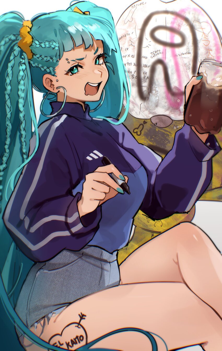 1girl absurdres among_us aqua_eyes aqua_hair aqua_nails argentinian_miku bare_legs breasts cowboy_shot denim denim_shorts dreadlocks drunk earrings eyebrow_piercing face_piercing fernet_with_cola fingernails gaturro_(character) gaturro_(series) graffiti hair_between_eyes hair_ornament happy hatsune_miku highres hoop_earrings jacket jewelry leg_tattoo long_hair looking_at_viewer medium_breasts momote naughty_face open_mouth piercing sculpture shirt short_shorts shorts simple_background sitting solo stomach tattoo twintails vandalism very_long_hair vocaloid white_shirt wide_hips worldwide_miku