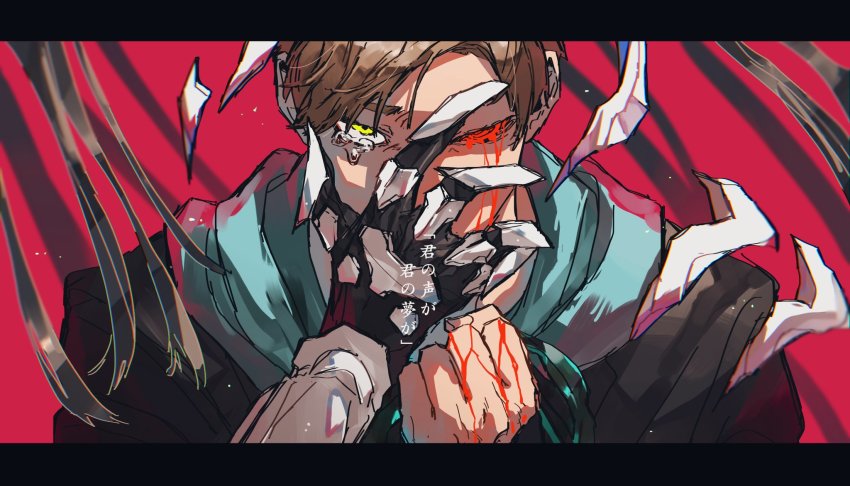 1boy armor bbbb_fex black_gloves black_jacket blood bloody_tears blue_hoodie clenched_hand gloves green_eyes headphones henshin hiden_aruto highres holding hood hoodie humagear_headphones jacket kamen_rider kamen_rider_01_(series) kamen_rider_ark-one letterboxed male_focus red_background single_glove spikes transformation translation_request white_armor