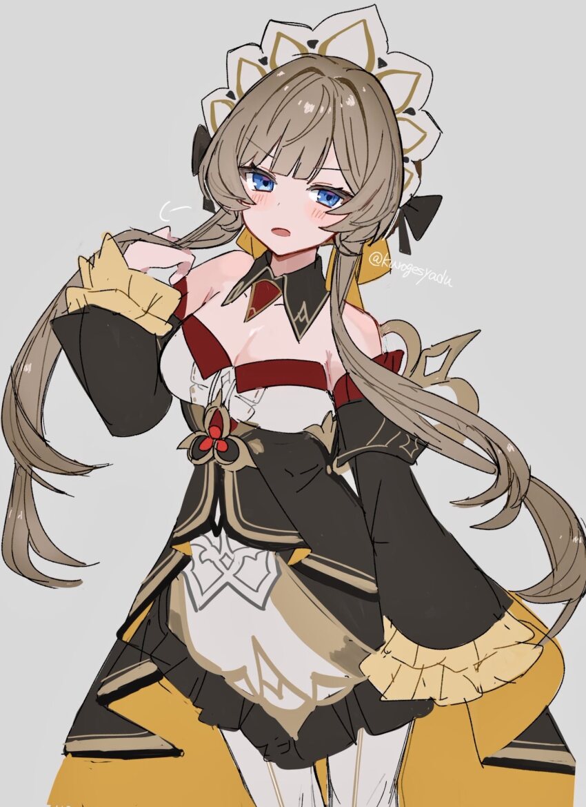 1girl bare_shoulders black_dress blue_eyes blush breasts brown_hair cleavage detached_sleeves dress genshin_impact highres kuromu_shado looking_at_viewer maid_headdress medium_breasts open_mouth pantyhose sandrone_(genshin_impact) solo twintails twitter_username white_pantyhose