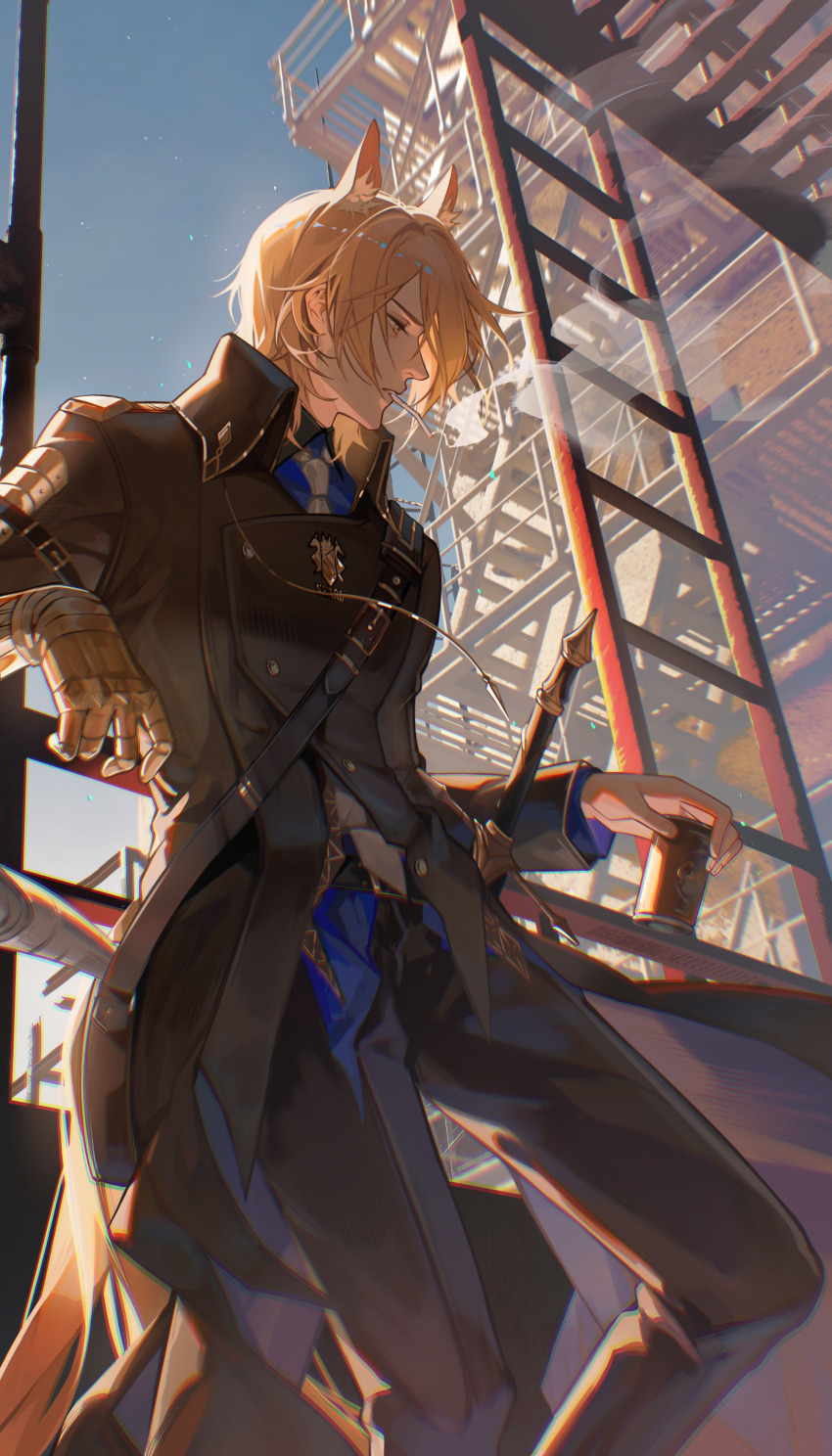 1boy absurdres against_railing animal_ear_fluff animal_ears apartment arknights backlighting bag belt black_belt black_coat black_pants blonde_hair blue_shirt blue_sky can chinese_commentary cigarette coat commentary_request feet_out_of_frame fire_escape formal_clothes gauntlets half-closed_eyes highres holding holding_can horse_boy horse_ears horse_tail knee_up ladder long_sleeves looking_to_the_side male_focus mlynar_(arknights) navel necktie newspaper outdoors pants procreate_(medium) railing rolled_up_newspaper scaffolding shirt single_gauntlet sky smoke smoking solo suit tail white_necktie xianyu_guguzi