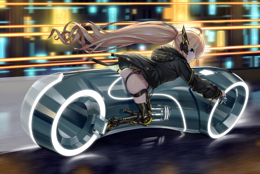 1girl ahoge ass black_jacket blonde_hair blue_eyes borrowed_character commission cyberpunk headgear high_heels highres jacket lightcycle long_hair looking_at_viewer motion_blur motor_vehicle motorcycle mytea_(soso) neon_lights original ponytail prosthesis prosthetic_leg science_fiction skeb_commission smile solo tron very_long_hair wind wind_lift