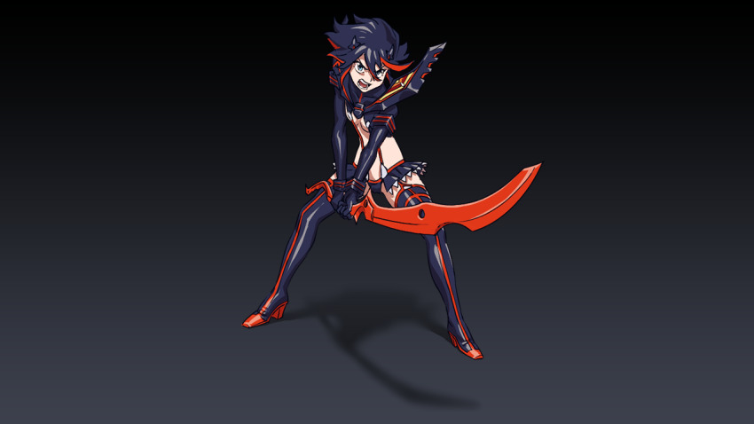 black_boots black_gloves black_hair blue_eyes boots emiladylbekuulu gloves kill_la_kill matoi_ryuuko non-web_source open_mouth scissor_blade_(kill_la_kill) senketsu skirt studio_trigger trigger_(company)