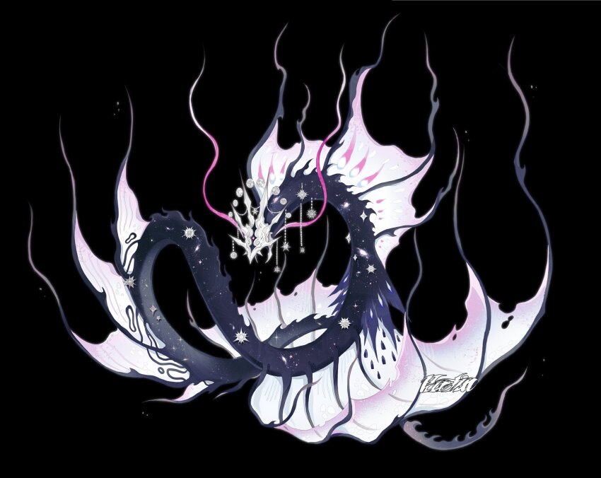 animal bairizuomeng black_background black_skin colored_skin fins full_body galaxy giant_snake highres long_neck long_tail monster monster_focus no_humans original oversized_animal signature simple_background snake solo spines tail tendril white_wings wings wyrm