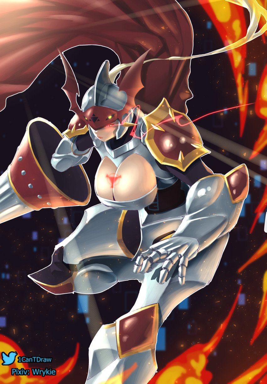 1girl absurdres armor artist_name black_background breasts cape cleavage cowboy_shot digimon digimon_(creature) dukemon fire helmet highres holding holding_polearm holding_weapon lance large_breasts polearm red_cape red_eyes richard_park simple_background solo weapon white_armor white_helmet