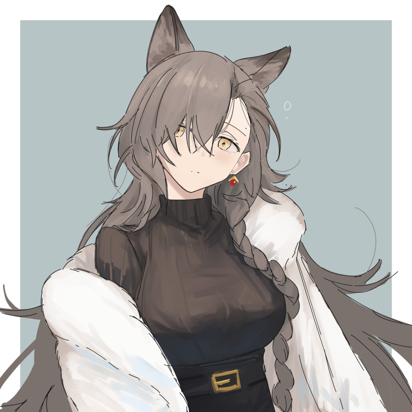 1girl absurdres animal_ear_fluff animal_ears arknights black_sweater blue_background braid breasts brown_eyes closed_mouth commentary earrings english_commentary extra_ears grey_hair hair_between_eyes highres jewelry light_blush long_hair looking_at_viewer medium_breasts mole mole_above_eye mole_on_forehead myticalcat official_alternate_costume penance_(arknights) penance_(occasionally_flushed)_(arknights) simple_background solo sweater turtleneck turtleneck_sweater upper_body wolf_ears wolf_girl