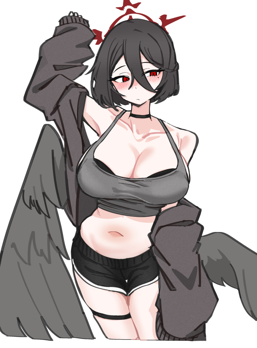 1girl absurdres alternate_costume alternate_hair_length alternate_hairstyle arm_up armpits black_bra black_cardigan black_choker black_hair black_shorts black_wings blue_archive blush bra breasts camisole cardigan cardigan_partially_removed choker cleavage collarbone commentary_request crop_top cropped_legs dolphin_shorts feathered_wings grey_camisole hair_between_eyes halo hasumi_(blue_archive) highres i3eancurd large_breasts long_hair_between_eyes mole mole_under_eye navel red_eyes short_hair short_shorts shorts simple_background solo stomach thigh_strap thighs underwear white_background wings
