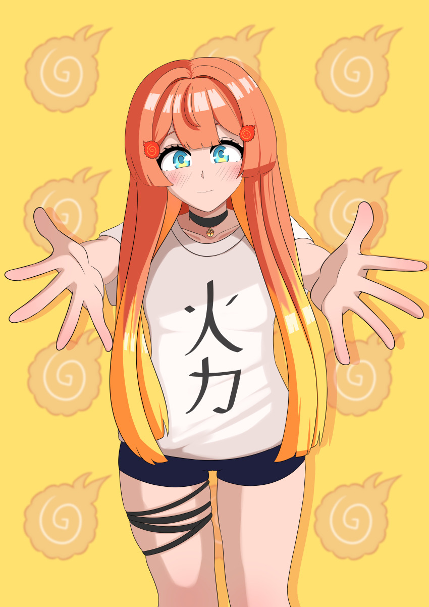 1girl absurdres bell blue_eyes blush blush_stickers choker commission hair_ornament highres japanese_text jewelry long_hair looking_at_viewer miki_hitsugi multicolored_hair orange_hair outstretched_arms outstretched_hand pants shirt shorts simple_background specialite_(company) specialite_en t-shirt thighs virtual_youtuber