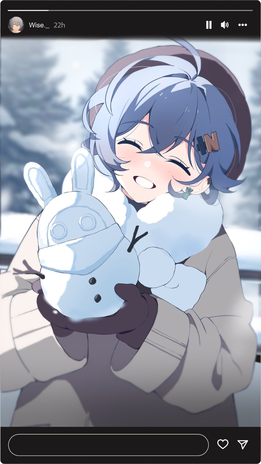 1girl absurdres bangboo_(zenless_zone_zero) belle_(zenless_zone_zero) black_gloves black_hat blue_hair character_snowman closed_eyes coat crossed_bangs earrings fake_phone_screenshot fake_screenshot gloves hair_ornament hat highres instagram jewelry letter_hair_ornament outdoors pine_tree scarf short_hair smile snow snowing snowman solo_focus tree white_scarf winter winter_clothes winter_coat wise_(zenless_zone_zero) yotte zenless_zone_zero