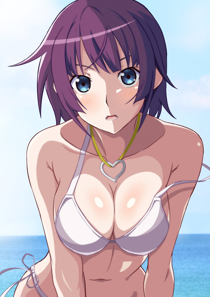 1girl absurdres armpit_crease bikini blue_eyes blue_sky blunt_ends blush breasts breasts_squeezed_together commentary cowboy_shot day eyelashes heart heart_necklace highres jewelry kakukakusan large_breasts leaning_forward looking_at_viewer medium_hair monogatari_(series) navel necklace open_mouth outdoors purple_hair senjougahara_hitagi side-tie_bikini_bottom sky solo strap_slip swimsuit white_bikini
