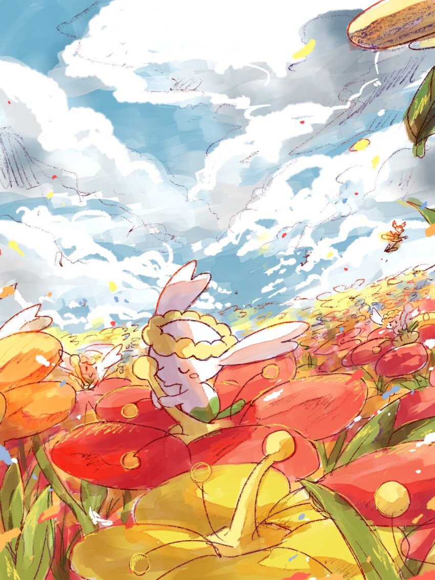 animal_focus blue_sky closed_eyes cloud cloudy_sky field flabebe flower flower_field full_body gen_6_pokemon highres looking_at_viewer nintendo no_humans orange_flower outdoors pokemon pokemon_(creature) red_flower sky standing watanuki_(561yashi) yellow_flower