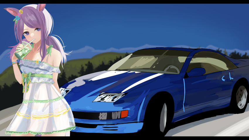 1girl absurdres animal_ears bare_shoulders bracelet car cowboy_shot cup drinking hair_ornament highres holding holding_cup horse_ears horse_girl jewelry kirameki_(rikukaikuu) long_hair looking_at_viewer mejiro_mcqueen_(ripple_fairlady)_(umamusume) mejiro_mcqueen_(umamusume) motor_vehicle name_connection nissan nissan_300zx nissan_300zx_(z32) nissan_fairlady nissan_fairlady_z one-piece_swimsuit purple_eyes purple_hair solo swimsuit umamusume vehicle_focus