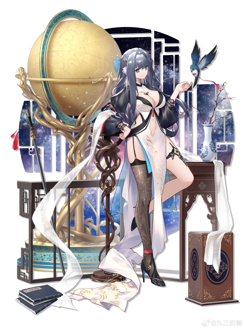 1girl absurdres altair_(star) alternate_costume andromeda_(constellation) annotation_request aquarius_(constellation) aquila_(constellation) arknights astesia_(arknights) auriga_(constellation) betelgeuse_(star) big_dipper bird black_footwear black_sleeves blue_eyes blue_hair bootes_(constellation) breasts bright_pupils cancer_(constellation) canis_major_(constellation) canis_minor_(constellation) capricorn_(constellation) cassiopeia_(constellation) celestial_globe cepheus_(constellation) cetus_(constellation) china_dress chinese_clothes cleavage closed_mouth clothing_cutout commentary_request constellation constellation_print corona_borealis_(constellation) cygnus_(constellation) delphinus_(constellation) deneb_(star) draco_(constellation) dress fishnet_thighhighs fishnets full_body garter_straps gemini_(constellation) globe hair_intakes han_jian_(weapon) hand_on_own_hip hand_up hercules_(constellation) high_heels highres hip_vent hydra_(constellation) jian_(weapon) jiusan_naitang large_breasts leg_up leo_(constellation) leo_minor_(constellation) lepus_(constellation) libra_(constellation) long_hair long_sleeves looking_at_animal lyra_(constellation) navel navel_cutout notebook ophiuchus_(constellation) orion_(constellation) pegasus_(constellation) pelvic_curtain pisces_(constellation) plant potted_plant procyon_(star) puffy_sleeves sagitta_(constellation) sagittarius_(constellation) scorpius_(constellation) serpens_caput_(constellation) shawl single_fishnet_legwear single_thighhigh sirius_(star) smile solo space standing standing_on_one_leg star_map swallow_(bird) sword table taurus_(constellation) thighhighs ursa_major_(constellation) ursa_minor_(constellation) vase vega_(star) weapon white_dress white_pupils white_shawl