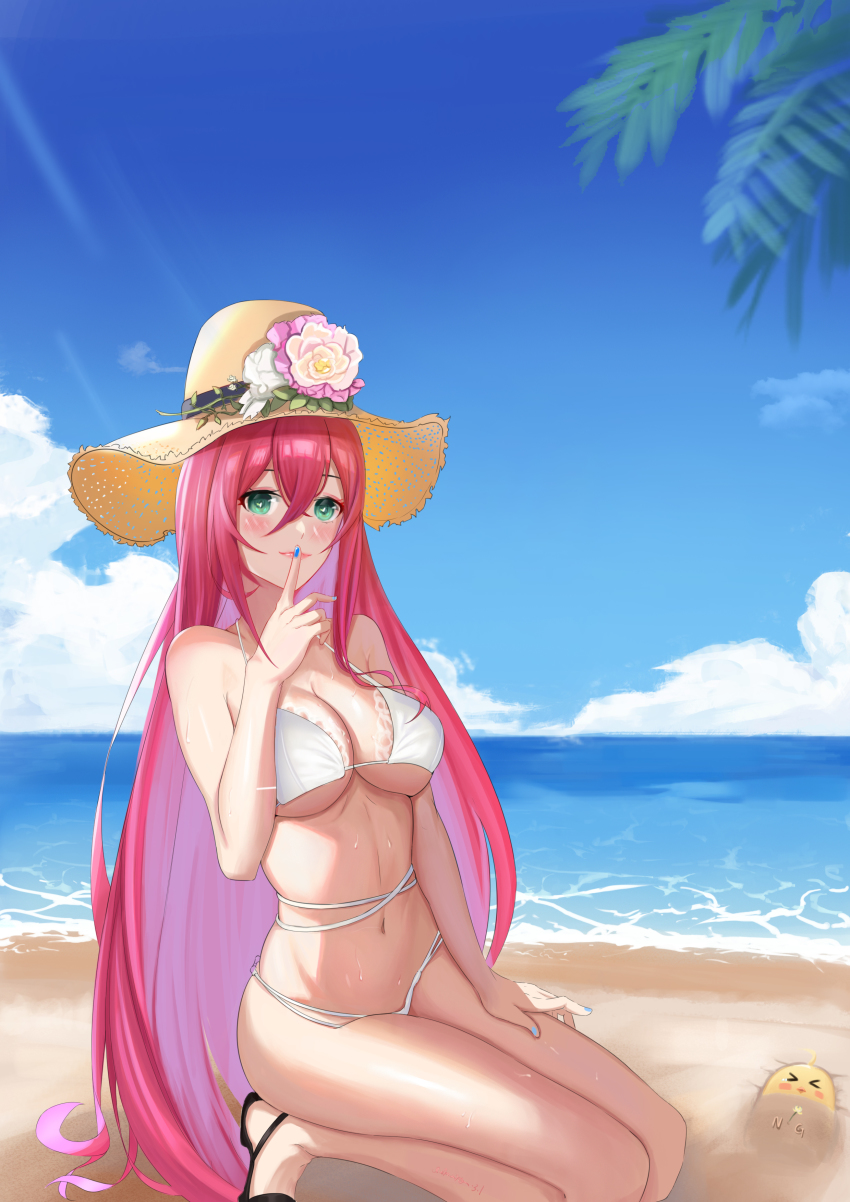 &gt;_&lt; 1girl absurdres azur_lane beach bikini black_footwear blue_nails blue_sky breasts cloud cloudy_sky finger_to_mouth flower full_body green_eyes hat hat_flower heart heart-shaped_pupils highres large_breasts long_hair looking_at_viewer manjuu_(azur_lane) multiple_straps nail_polish nanqizizhou official_alternate_costume outdoors purple_hair sand sky solo straw_hat summer surcouf_(azur_lane) surcouf_(loisirs_balneaires)_(azur_lane) swimsuit symbol-shaped_pupils very_long_hair white_bikini