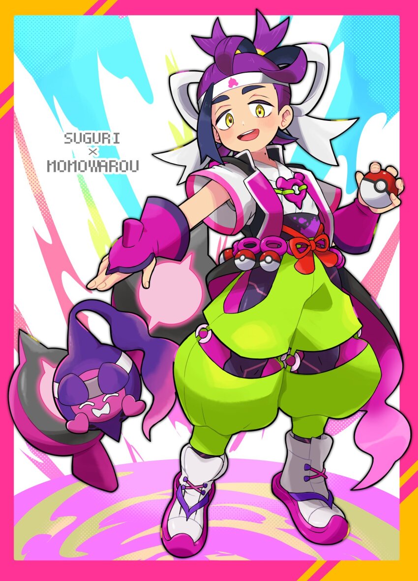1boy alternate_costume black_hair character_name commentary_request fingerless_gloves full_body gloves headband highres himeshiro_(himeno_46) holding holding_poke_ball japanese_clothes kieran_(pokemon) looking_at_viewer male_focus mole mole_on_neck nintendo open_mouth pecharunt pink_gloves poke_ball poke_ball_(basic) pokemon pokemon_(creature) pokemon_sv purple_hair shoes short_sleeves teeth upper_teeth_only white_footwear white_headband yellow_eyes