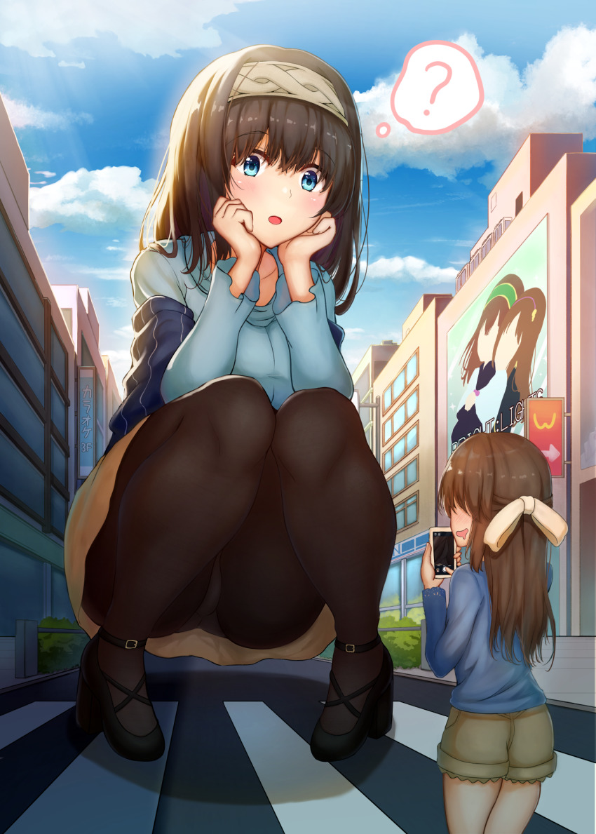 2girls :d ? aiban beige_bow black_footwear black_hair black_pantyhose blue_eyes blue_shirt blue_sky blush bow brown_hair brown_shorts building bush camera_phone cellphone cloud collarbone crosswalk drooling female_pervert giant giantess hair_bow hairband hand_on_own_face high_heels highres idolmaster idolmaster_cinderella_girls long_hair long_sleeves multiple_girls open_mouth outdoors panties panties_under_pantyhose pantyhose pantyshot pervert phone road sagisawa_fumika scarf shirt shorts skirt sky smile speech_bubble squatting street tachibana_arisu underwear yellow_skirt |_|